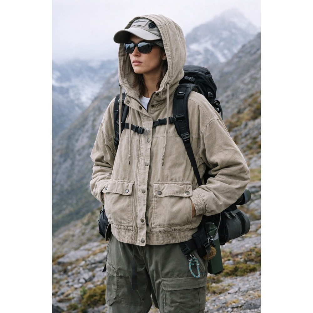 Empyre Corduroy Hooded Jacket Women Large‎ Tan Utility Gorpcore Workwear Zip Up